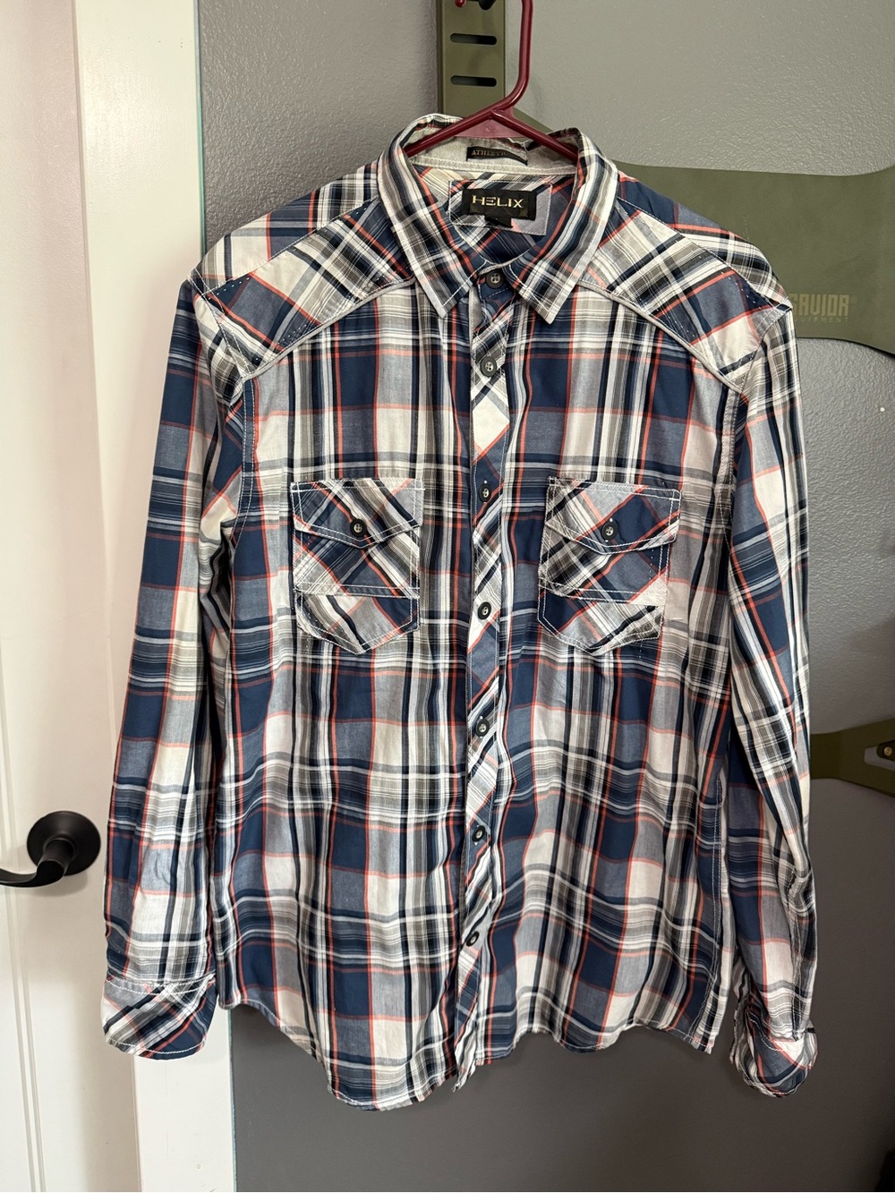 Helix Men’s Navy, White & Red Plaid Button-Down Shirt